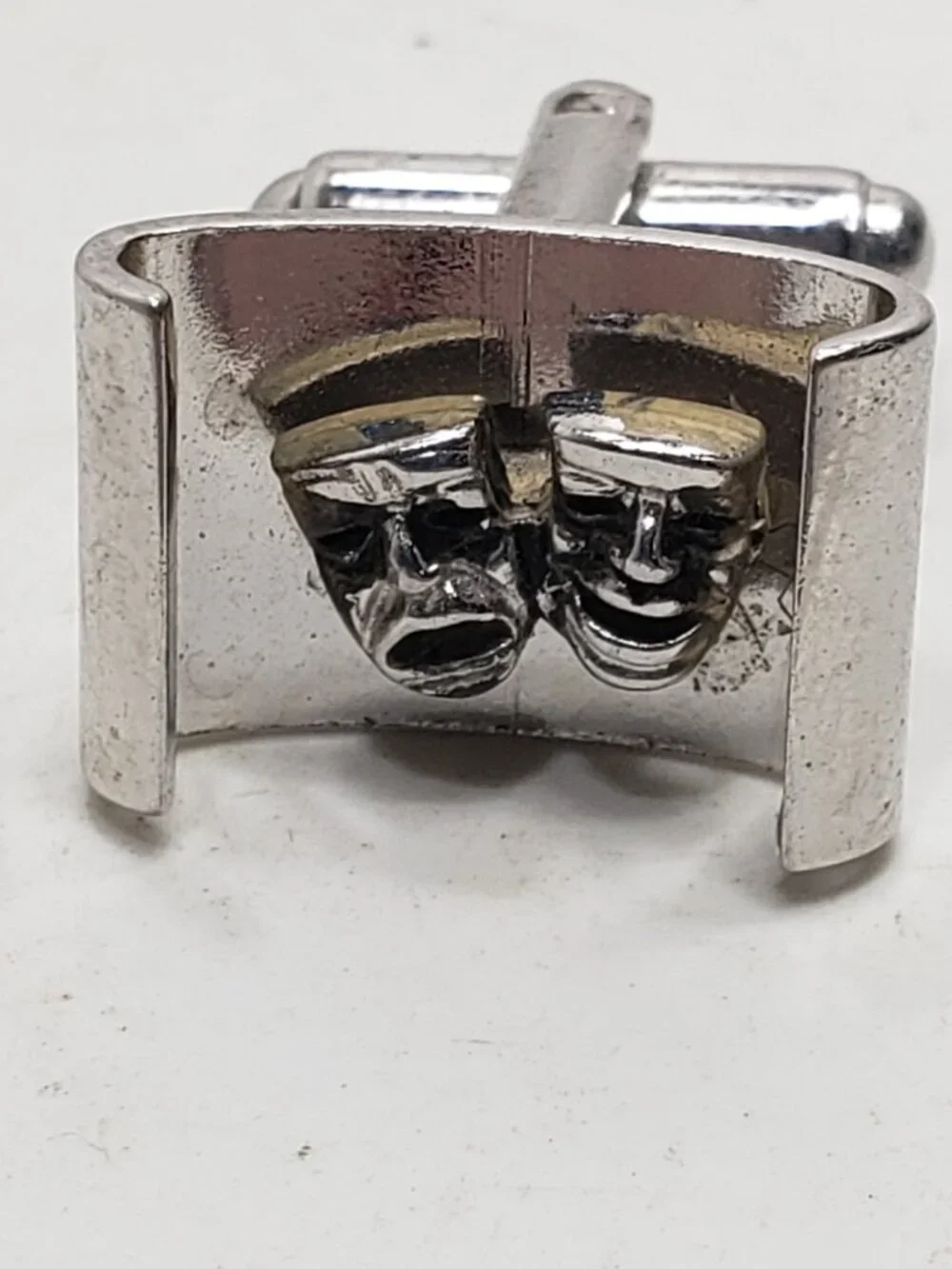 Vintage Comedy Tragedy Theater Mask Cufflinks Silver Tone Mens Formal Set